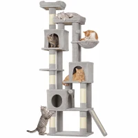 PawHut Kratzbaum Große, 200 cm hoch Katzenbaum mit 2 Betten, 3 Höhlen, Hängematte, 3 Bällen für 1-3 Katzen unter 6 kg, Hellgrau(m-12)