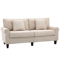 HOMCOM Canapé 3 places en tissu velours côtelé, canapé salon, 197 cm, avec accoudoirs et dossier rembourrées, canapé avec 2 oreillers, pieds en bois massif de pin, pour salon, chambre, bureau, beige(m-12)