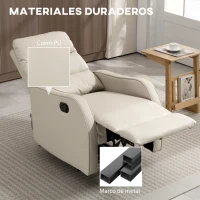 HOMCOM Sillón Relax Reclinable Sofá Relax Tapizado en PU con Reposapiés Retráctil para Dormitorio Salón 65x89x100 cm Crema(m-6)