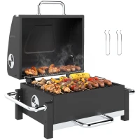 Outsunny Holzkohlegrill aus Stahl tragbarer BBQ Smoker mit Deckel verstellbare Lüftung zweistufige Kohlepfanne Thermometer(m-12)