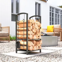 Outsunny Kaminholzständer, Brennholzregal, 2 Etagen, Kaminbesteck, bis 100 kg, Stahl, Schwarz, 40 x 30 x 74,5 cm(m-8)