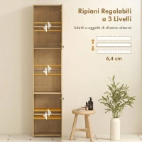 HOMCOM Colonna da Bagno Slim 6 Ripiani, 2 Ante, Scomparti Aperti, Ripiano in Vetro Temperato, Ripiani Regolabili, Rovere(m-5)