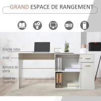 HOMCOM Bureau d'angle rotatif à 180°, bureau d'ordinateur, bibliothèque, tiroir, placard, poste de travail, 117x82x74cm, blanc(m-6)