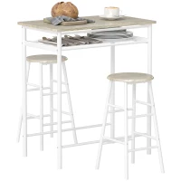 HOMCOM Ensemble table de bar avec tabourets, table à manger debout avec 2 chaises, étagère et pieds en métal, 80x50x90cm, blanc(m-11)