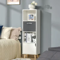 HOMCOM Bookcase with Door and Fabric Drawer, 3 Tier Bookshelf Display Cabinet with Wooden Legs for Living Room Bedroom Study, White(m-22)