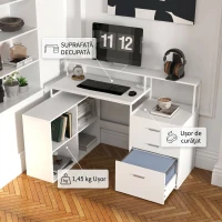HOMCOM Birou de birou cu 2 mese, 4 rafturi, 3 sertare și suport pentru monitor, din lemn, 138,5x90x92 cm, alb(m-9)
