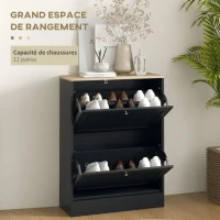 HOMCOM Meuble à Chaussures 12 Paires, Meuble d'Entrée avec 2 Tiroirs Rabattables et Étagères Réglables, 60 x 23,5 x 80cm, Noir(m-4)