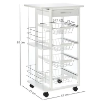 HOMCOM Desserte cuisine à roulettes avec tiroir, 4 paniers et étagères latérales, 47 x 37 x 83 cm, blanc(m-3)