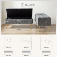 HOMCOM Storage Ottoman, Chenille Upholstered Ottoman Storage Box with Padded Seat, Metal Legs, 114 x 41 x 45 cm, Grey(m-3)