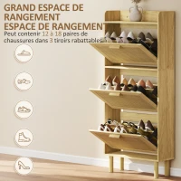HOMCOM Meuble à chaussures 18 paires, armoire à chaussures étroite avec 3 tiroirs rabattables, étagères réglables, chêne(m-5)