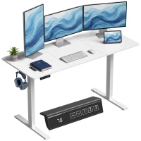 HOMCOM Höhenverstellbarer Schreibtisch mit Memory-Funktion, 2 Kabeldurchlässen und LED-Display, Sitz-Steh-Schreibtisch, Weiß(m-8)