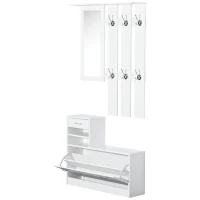 HOMCOM Set Mobili Ingresso Moderno con Scarpiera e Specchio, Appendiabiti da Ingresso con 6 Ganci, 2 Ripiani Regolabili e Cassetti in Legno per Corridoio, 90x24x166 cm, Bianco(m-1)