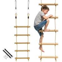 AIYAPLAY Strickleiter für Kinder 5-stufige Kletterleiter mit 2 Karabinern 2 Baumgurten für 3-8 Jahre 40 x 3,5 x 180 cm Naturholz(m-12)
