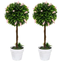 HOMCOM Set of 2 Decorative Artificial Plants Ball Trees with Flower for Home Indoor Outdoor Decor, 60cm ,Pink(m-12)