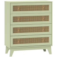 HOMCOM Commode 4 tiroirs meuble de rangement cannage en rotin aspect bois clair 80 x 35 x 95 cm vert(m-1)