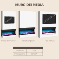 HOMCOM Camino Elettrico da Incasso e Parete 1800W con Fiamme Colorate LED Regolabili, Temperatura fino 40°C, Nero(m-9)