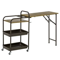 HOMCOM Carro de Cocina con Ruedas Carrito Auxiliar con Estantes de 3 Niveles Hoja Abatible y 2 Portavasos Multiusos para Comedor 118x36,5x82 cm Marrón Rústico(m-11)