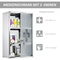HOMCOM Medizinschrank Arzneischrank aus Edelstahl, Abschließbar Medikamentenschrank mit 3 Fächern, Glastür Apothekerschrank zur Medikamenten-Aufbewahrung, 30 x 18 x 50 cm(m-6)