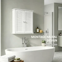 HOMCOM Armoire murale de salle de bain, meuble de rangement suspendu avec 2 portes persiennes et étagère réglable, blanc(m-6)