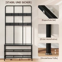 HOMCOM Cuier de Intrare 3 în 1 cu 6 Cârlige și Bancă cu Raft pentru Pantofi, 91x36x180 cm, Negru(m-8)