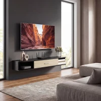 HOMCOM Meuble TV Suspendu 120 cm, Meuble télé jusqu'à 50 Pouces, Porte Rabattable, 2 Étagères Ouvertes et Passe-câbles, Noir(m-9)