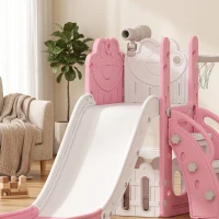 AIYAPLAY 5-in-1 Kinderrutschenset, Teleskop, Basketballkorb, HDPE, Kunststoff, Rosa+Weiß(m-9)