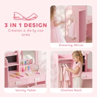 AIYAPLAY Kids Dressing Table, 3-in-1 Girls Vanity Set with Stool, 2-Colour Lights Mirror, Clothes Rack for Ages 3-8, Pink(m-4)
