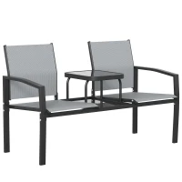Outsunny 2-Sitzer Gartenbank Sitzbank mit Rücken- & Armlehnen, 2-stufigem Glastisch Parkbank 240kg belast 135 x 67 x 81 cm Grau(m-1)