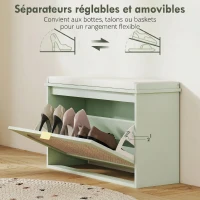 HOMCOM Banc à chaussures, banc de rangement, assise rembourrée, tiroir rabattable, porte en rotin, 80 x 26 x 47,5 cm, vert(m-7)