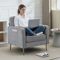 HOMCOM Fauteuil en tissu avec pieds en acier doré, grand confort, pochettes latérales, pour salon, bureau, chambre, gris(m-8)