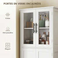 HOMCOM Meuble de salle de bain haut 6 niveaux, meuble de rangement avec 4 portes dont 2 vitrées et étagères réglables, blanc(m-6)