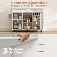 HOMCOM Isla de Cocina con Encimera Extensible Ruedas 2 Cajones 3 Armarios Estantes en la Puerta Toallero Blanco(m-6)