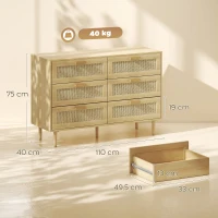 HOMCOM Cómoda para Dormitorio con 6 Cajones con Frontal de Ratán Patas de Madera Cajonera Estilo Bohemio 110x40x75 cm Roble(m-3)