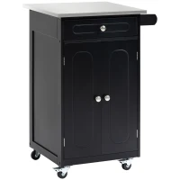 HOMCOM Chariot de service desserte de cuisine à roulettes multi-rangements 1 tiroir placard 2 portes avec étagère porte-torchons MDF noir acier inoxydable(m-12)