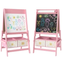 AIYAPLAY Kinder Ezel 3-in-1 Kindertafel met Krijtbord, Whiteboard, Papierrol en 2 Opbergmanden, voor 3-8 Jaar, Roze(m-10)