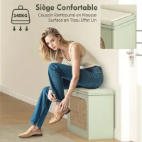 HOMCOM Banc à chaussures, banc de rangement, assise rembourrée, tiroir rabattable, porte en rotin, 80 x 26 x 47,5 cm, vert(m-5)