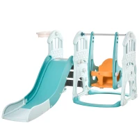 HOMCOM 3 in 1 Kinderrutsche Kinderschaukel Set Spielturm für Kinder 18 bis 48 Monaten Kinder Spielplatz mit Basketballkorb HDPE PP Blaugrün+Gelb 149 x 186 x 98 cm(m-1)