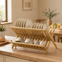 HOMCOM Kitchen Storage Unit, 2-Tier Foldable Kitchen Storage Rack with Slatted Draining Shelves, Natural Wood Finish(m-14)