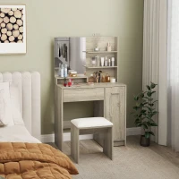 HOMCOM Tocador de Maquillaje con Taburete Espejo Estantes Abiertos Cajón y Estante Ajustable Anti-vuelco Natural y Beige(m-10)