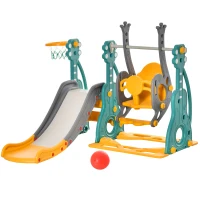 HOMCOM 3-IN-1 Kids Swing and Slide Set with Basketball Hoop Slide Swing Adjustable Seat Height Toddler Playground Activity centre Indoor and Outdoor Play Equipment(m-1)