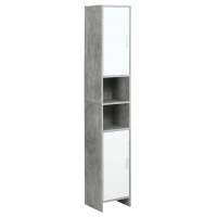 kleankin Meuble Colonne Rangement Salle de Bain dim. 30L x 30l x 180H cm 2 placards avec étagère + 2 niches Panneaux Particules Aspect Ciment Blanc(m-12)