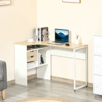 HOMCOM Bureau d'Angle avec 2 Tiroirs, 120 x 60 cm, Bureau en L avec 3 Compartiments Ouverts, Table Informatique pour Étudier, Travailler, Chambre, Maison, Chêne Clair(m-10)