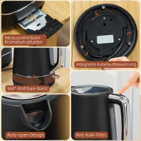 HOMCOM Set van 1,7 L waterkoker en broodrooster met 6 bruiningsstanden, Zwart/Staal(m-9)