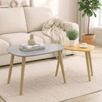 HOMCOM Lot de 2 tables basses gigognes design scandinave pieds en bois et plateau en bois, gris et jaune(m-13)