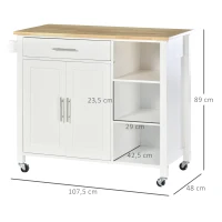 HOMCOM Carrinho de Cozinha com Rodas 1 Gaveta 2 Portas 3 Prateleiras Abertas e Barra lateral 107,5x48x89cm Branco(m-4)
