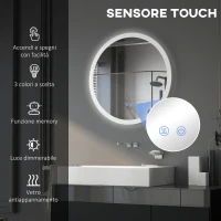 kleankin Specchio Bagno LED Antiappannamento con 3 Colori e Luminosità Regolabile, in Metallo e Vetro, Ø70x3 cm(m-4)