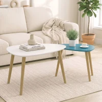 HOMCOM Lot de 2 tables basses gigognes design scandinave pieds en bois et plateau en bois, blanc et bleu(m-13)