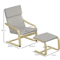 HOMCOM Loungestoel met Voetenbank, Bekleding in Linnenlook, Houten Frame, tot 120 kg, Lichtgrijs/Natuur(m-3)