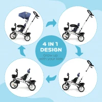 HOMCOM 4 in 1 Tricycle for Kids Toddler Folding Trike with Parent Handle Reversible Seat Adjustable Handle Removable Canopy Safety Belt for 18 Months to 5 Years Blue(m-4)