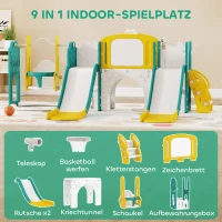 AIYAPLAY 9-in-1 Glij- en Schommelset voor peuters, met basketbalring, telescoop, tekenbord, kikkerontwerp, Geel+Groen(m-4)